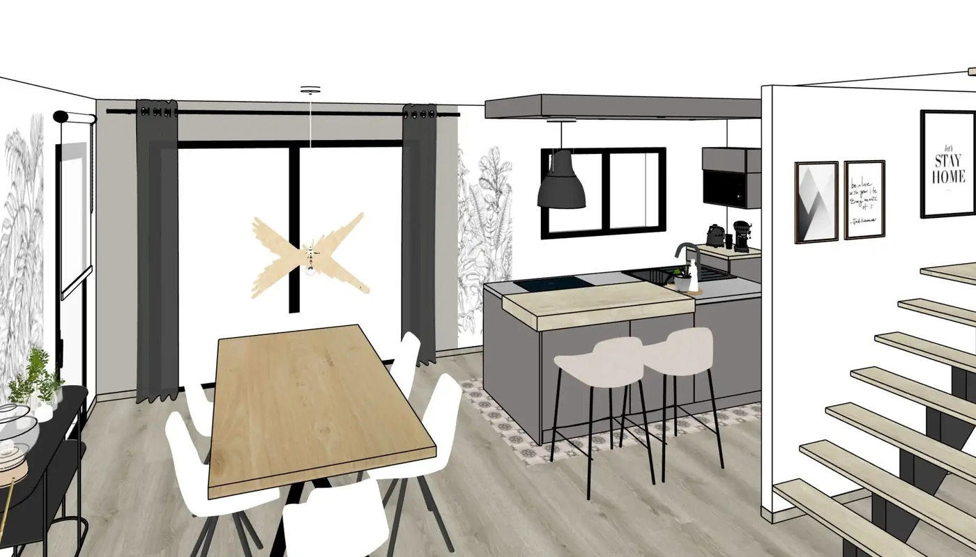 Projet séjour/salon/cuisine/entrée à Amiens. Réalisation à distance.